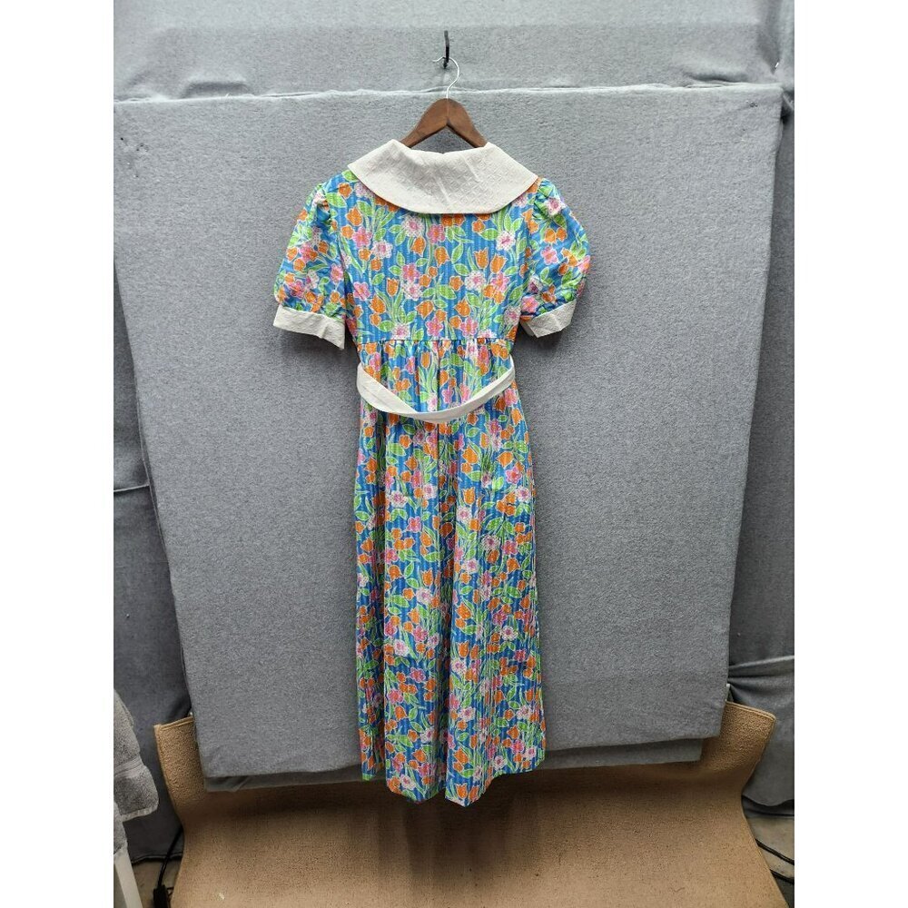Vintage Tommies Floral Short-Sleeve Dressing Gown With White Collar & Belt 65% P - Picture 5 of 7